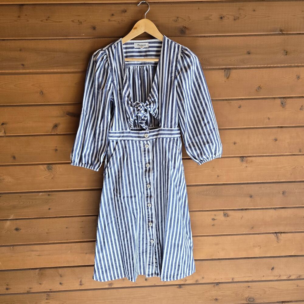 Madewell Dress Cutout Midi Shimmer Stripe Blue Boho Button Front Tie 6 Cottage - Picture 2 of 6